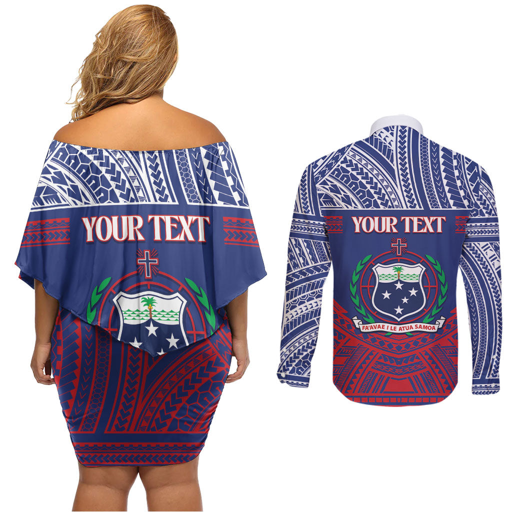 Personalised Samoa Independence Day Couples Matching Off Shoulder Short Dress and Long Sleeve Button Shirt 64th Anniversary Toa O Samoa LT14 - Polynesian Pride