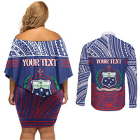 Personalised Samoa Independence Day Couples Matching Off Shoulder Short Dress and Long Sleeve Button Shirt 64th Anniversary Toa O Samoa LT14 - Polynesian Pride