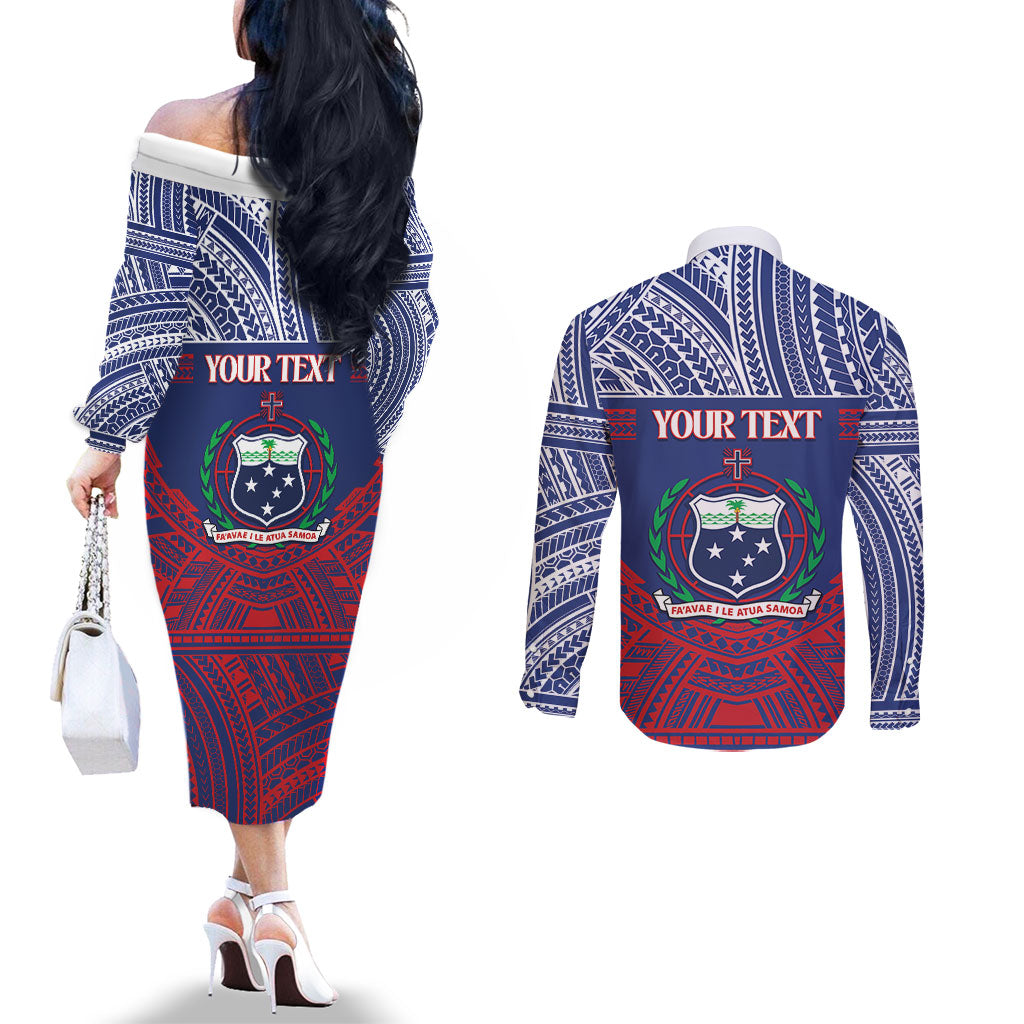 Personalised Samoa Independence Day Couples Matching Off The Shoulder Long Sleeve Dress and Long Sleeve Button Shirt 64th Anniversary Toa O Samoa LT14 - Polynesian Pride