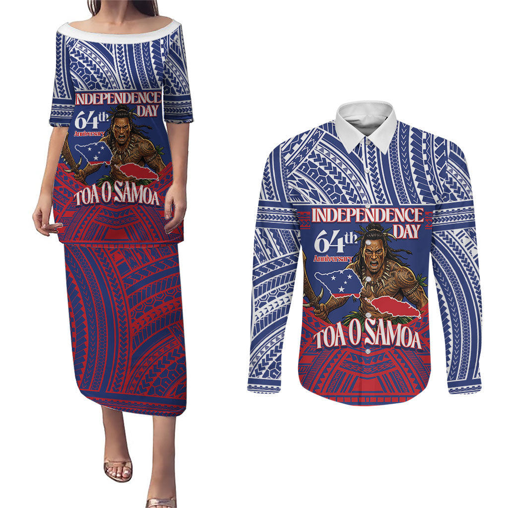 Personalised Samoa Independence Day Couples Matching Puletasi and Long Sleeve Button Shirt 64th Anniversary Toa O Samoa