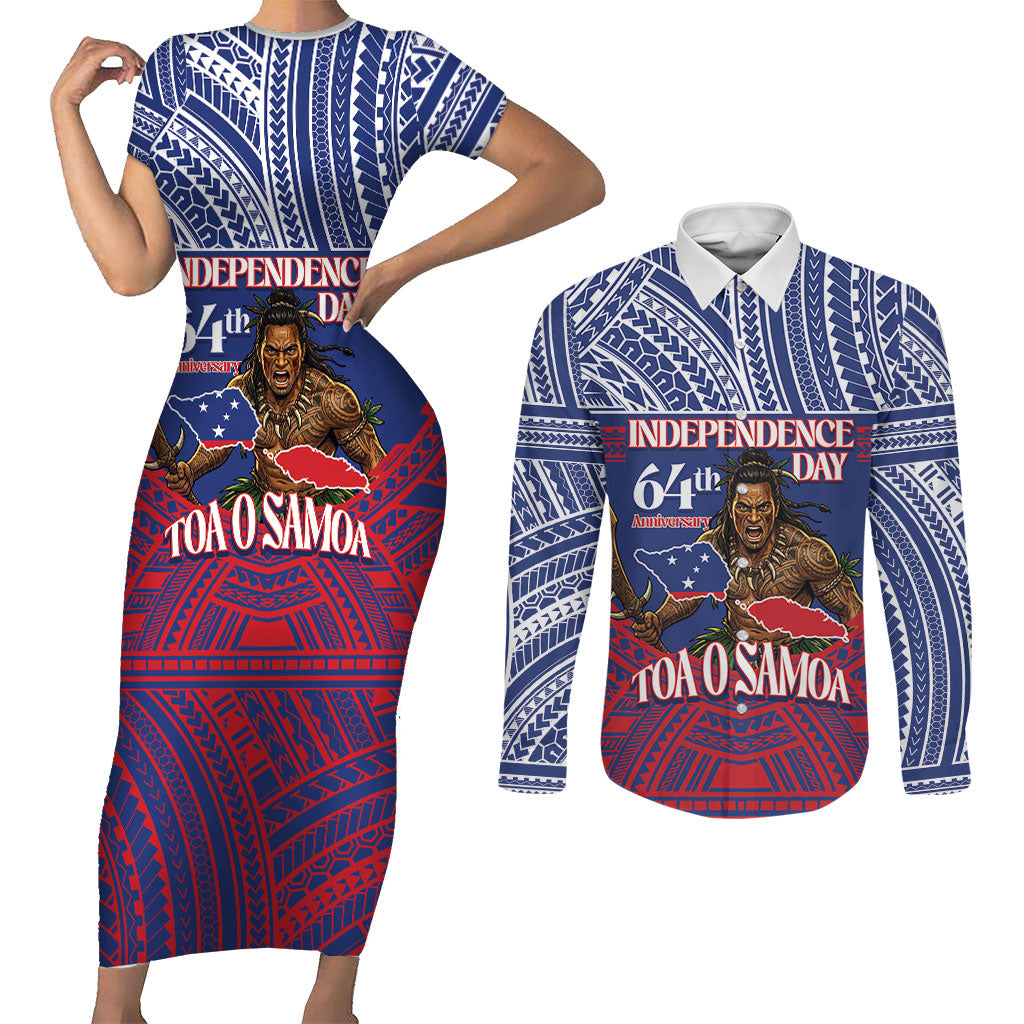 Personalised Samoa Independence Day Couples Matching Short Sleeve Bodycon Dress and Long Sleeve Button Shirt 64th Anniversary Toa O Samoa