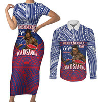 Personalised Samoa Independence Day Couples Matching Short Sleeve Bodycon Dress and Long Sleeve Button Shirt 64th Anniversary Toa O Samoa LT14 Blue - Polynesian Pride