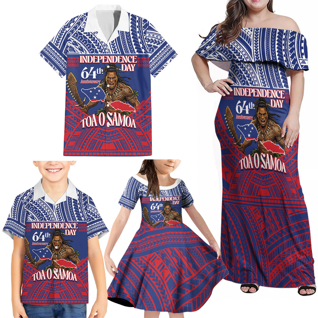 Personalised Samoa Independence Day Family Matching Off Shoulder Maxi Dress and Hawaiian Shirt 64th Anniversary Toa O Samoa