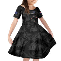 Custom New Zealand Silver Fern Football Family Matching Off The Shoulder Long Sleeve Dress and Hawaiian Shirt Summer 2024 Olympic Go Aotearoa LT14 Daughter's Dress Black - Polynesian Pride