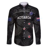 Custom New Zealand Silver Fern Football Family Matching Off The Shoulder Long Sleeve Dress and Hawaiian Shirt Summer 2024 Olympic Go Aotearoa LT14 Dad's Shirt - Long Sleeve Black - Polynesian Pride