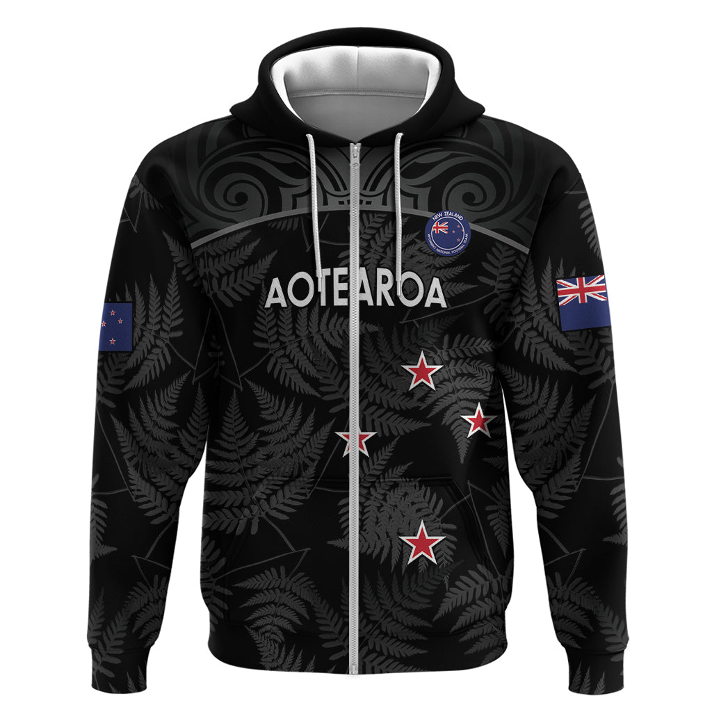 Custom New Zealand Silver Fern Football Hoodie Summer 2024 Olympic Go Aotearoa LT14 Zip Hoodie Black - Polynesian Pride