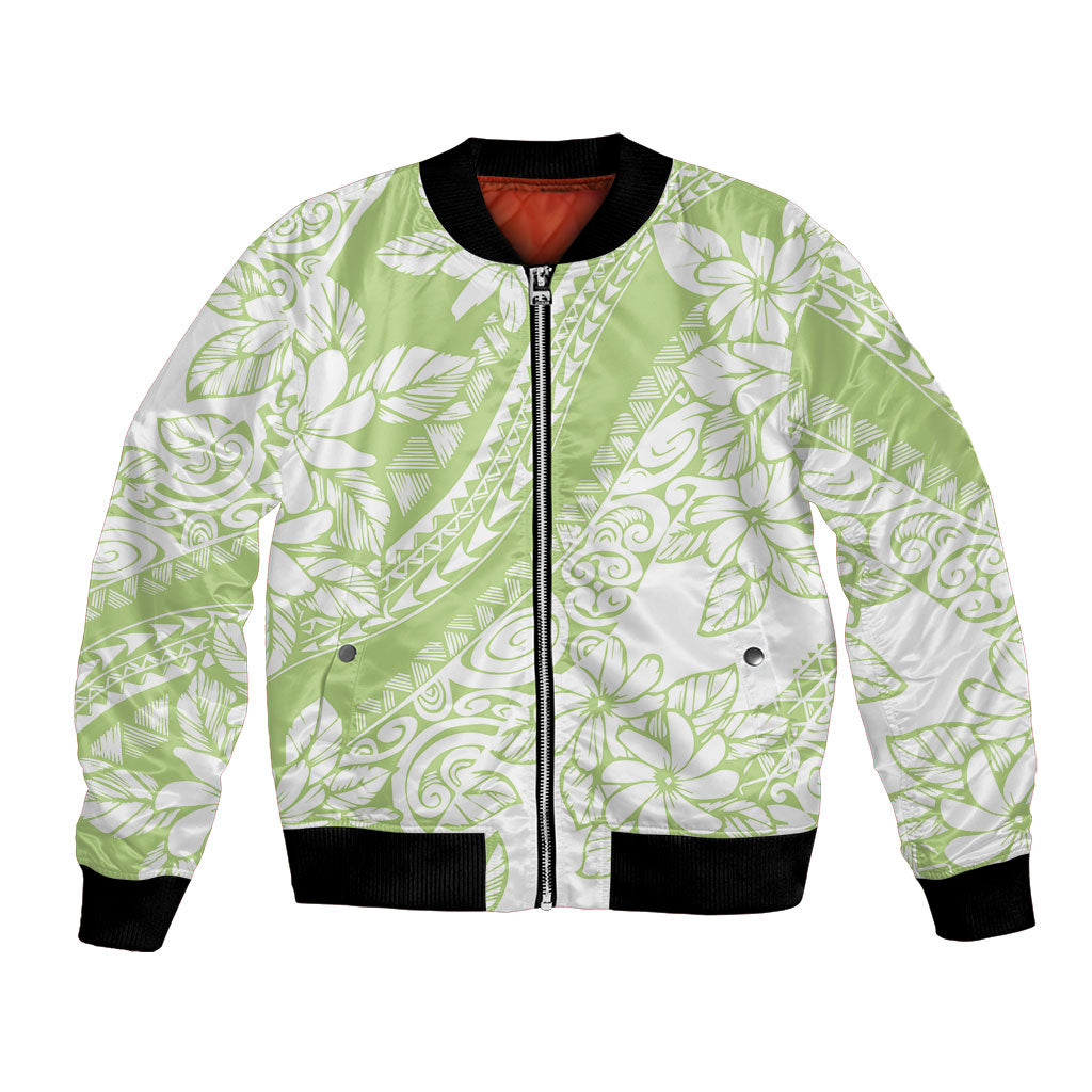 Polynesian Tiare Flower Sage Green Pastel Bomber Jacket