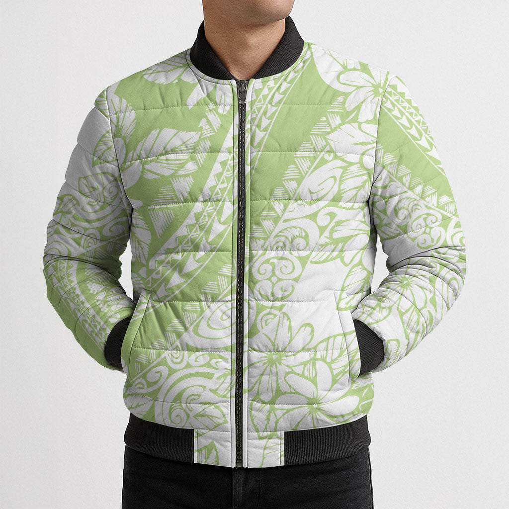 Polynesian Tiare Flower Sage Green Pastel Bomber Puffer Jacket
