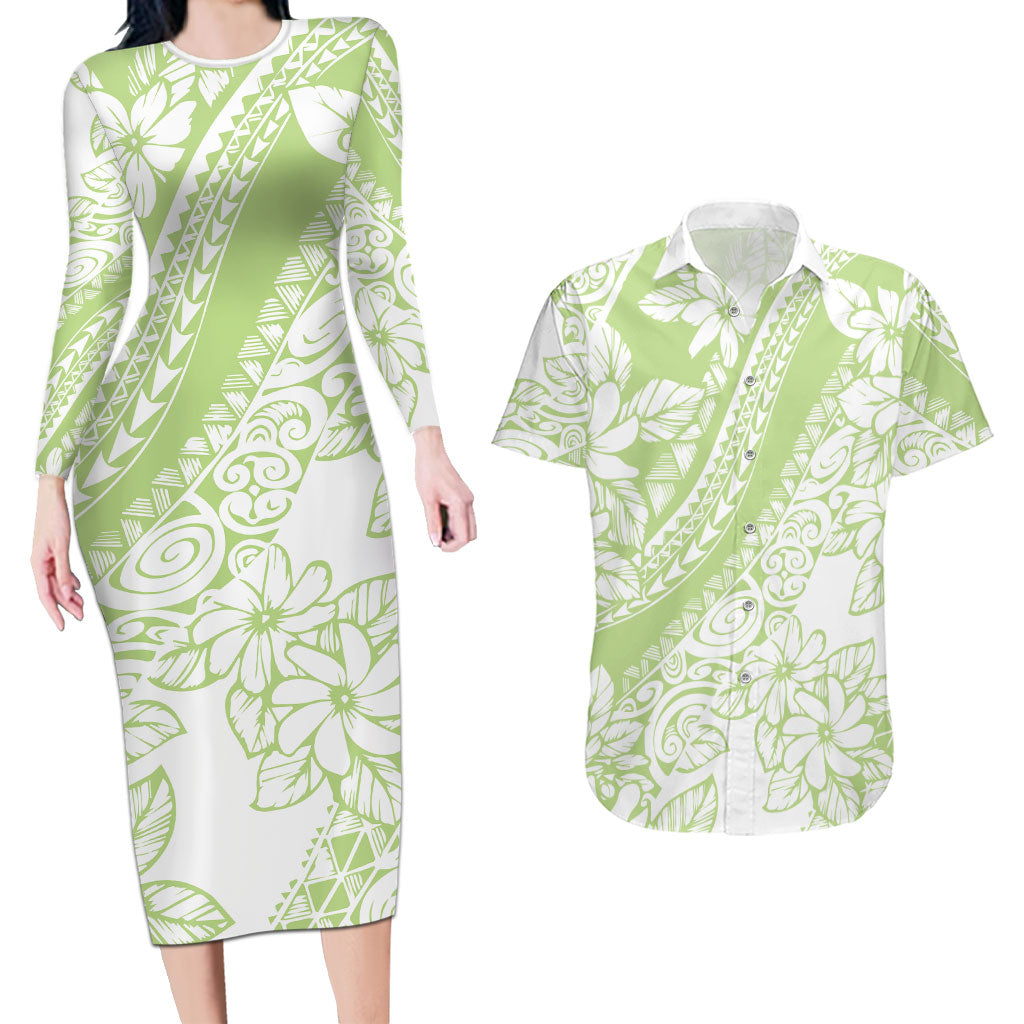 Polynesian Tiare Flower Sage Green Pastel Couples Matching Long Sleeve Bodycon Dress and Hawaiian Shirt