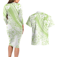 Polynesian Tiare Flower Sage Green Pastel Couples Matching Long Sleeve Bodycon Dress and Hawaiian Shirt
