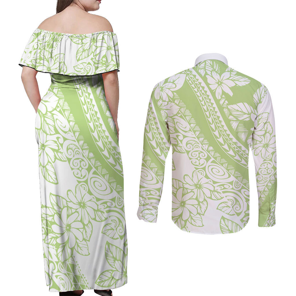 Polynesian Tiare Flower Sage Green Pastel Couples Matching Off Shoulder Maxi Dress and Long Sleeve Button Shirt LT14 - Polynesian Pride