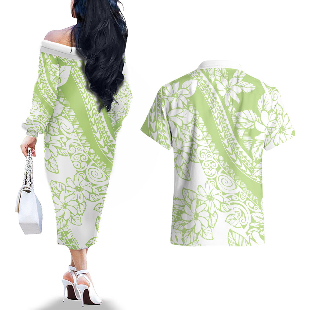 Polynesian Tiare Flower Sage Green Pastel Couples Matching Off The Shoulder Long Sleeve Dress and Hawaiian Shirt