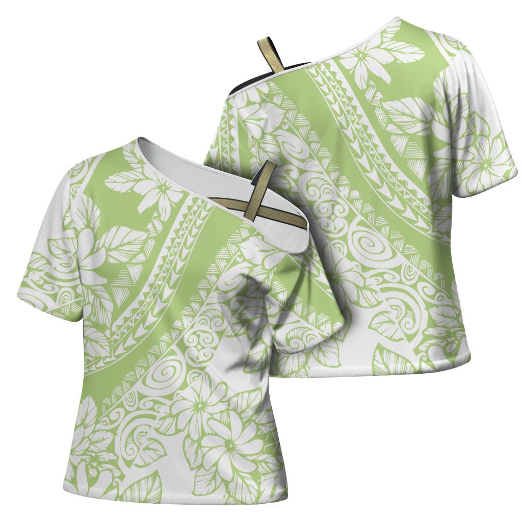 Polynesian Tiare Flower Sage Green Pastel Cross Shoulder Shirt