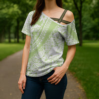 Polynesian Tiare Flower Sage Green Pastel Cross Shoulder Shirt