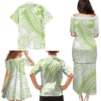 Polynesian Tiare Flower Sage Green Pastel Family Matching Puletasi and Hawaiian Shirt