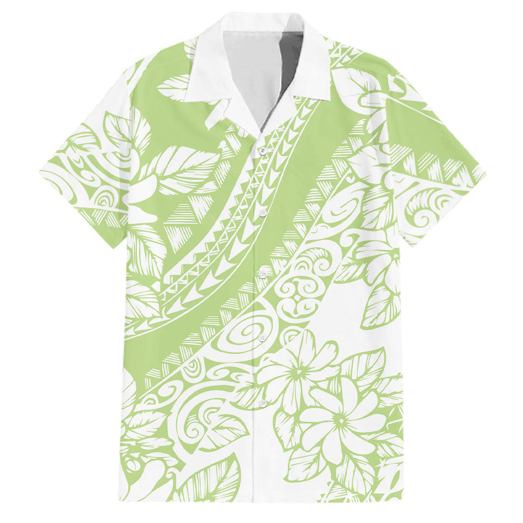Polynesian Tiare Flower Sage Green Pastel Family Matching Puletasi and Hawaiian Shirt