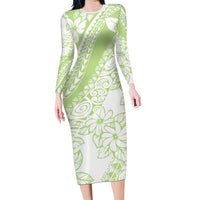 Polynesian Tiare Flower Sage Green Pastel Long Sleeve Bodycon Dress