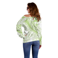 Polynesian Tiare Flower Sage Green Pastel Off Shoulder Sweater