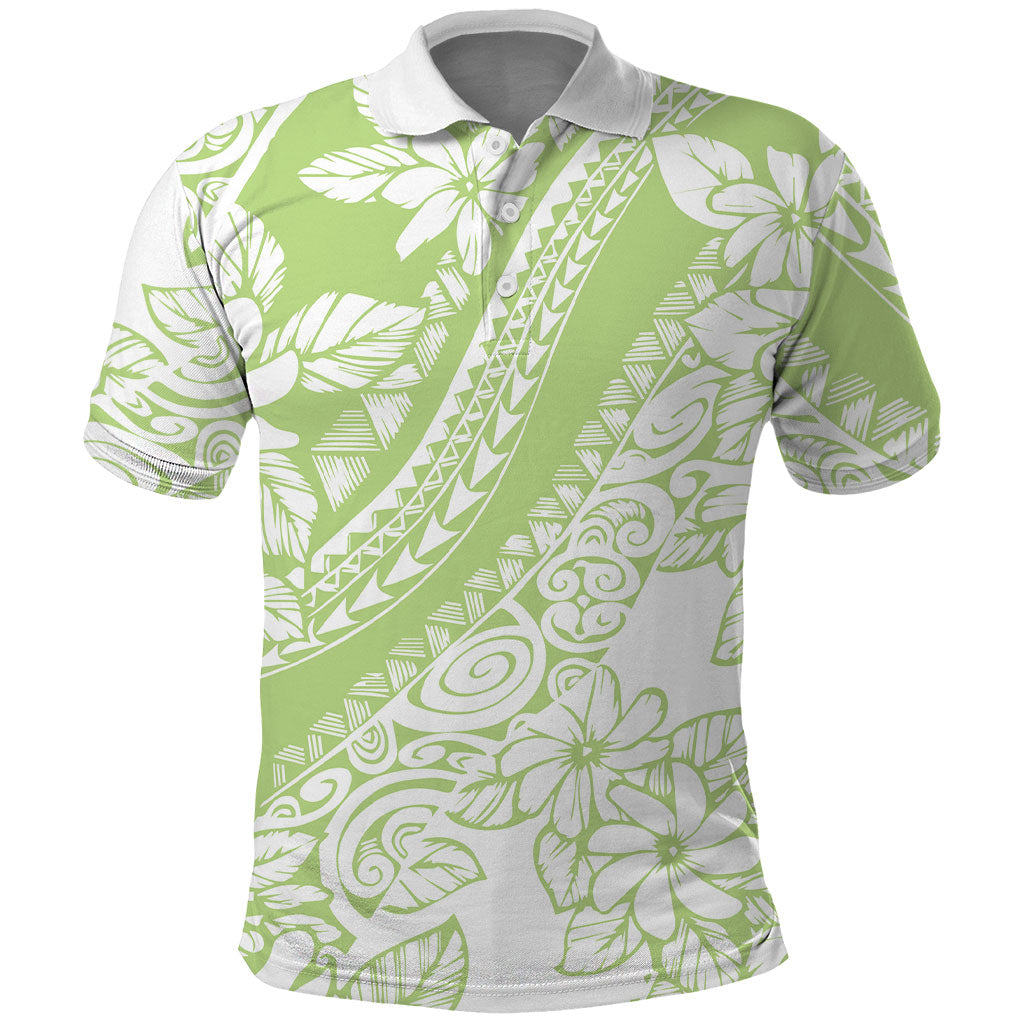 Polynesian Tiare Flower Sage Green Pastel Polo Shirt
