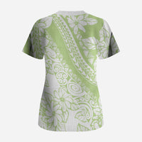 Polynesian Tiare Flower Sage Green Pastel Scrub Top
