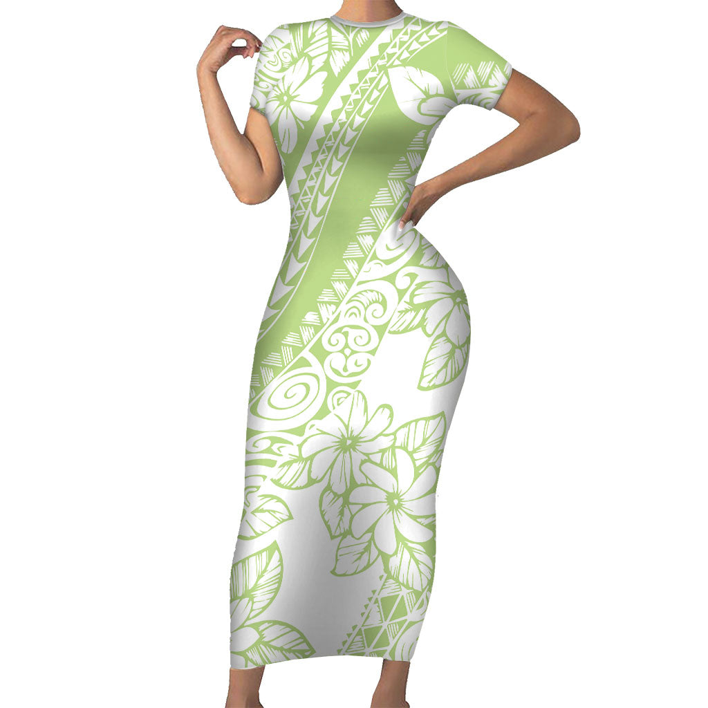 Polynesian Tiare Flower Sage Green Pastel Short Sleeve Bodycon Dress LT14 Long Dress Sage Green - Polynesian Pride