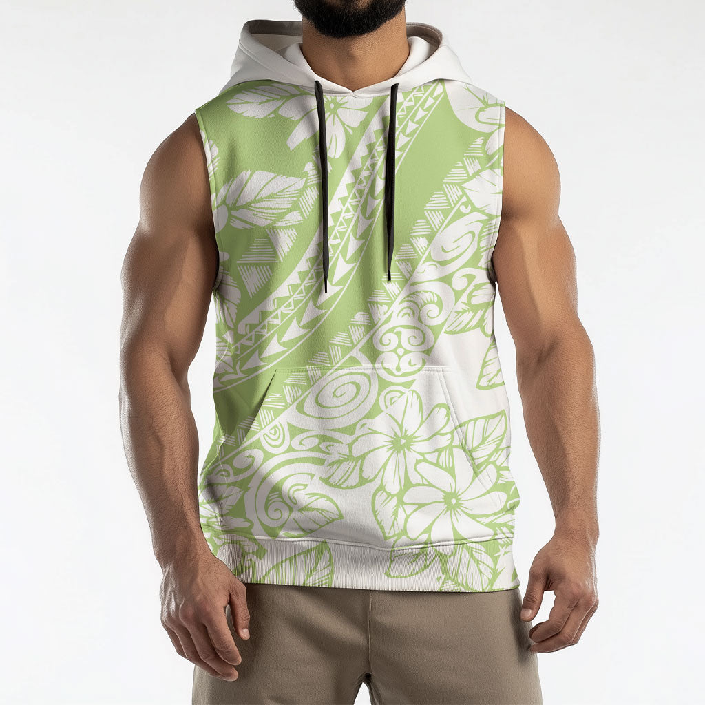 Polynesian Tiare Flower Sage Green Pastel Sleeveless Hoodie