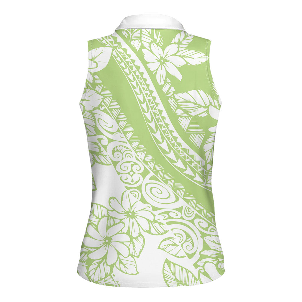 Polynesian Tiare Flower Sage Green Pastel Women Sleeveless Polo Shirt