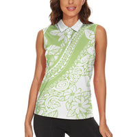 Polynesian Tiare Flower Sage Green Pastel Women Sleeveless Polo Shirt