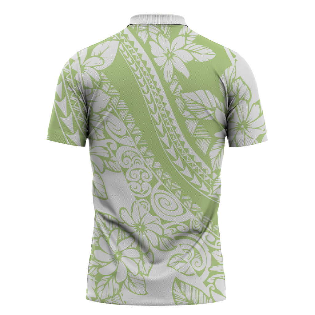 Polynesian Tiare Flower Sage Green Pastel Zipper Polo Shirt