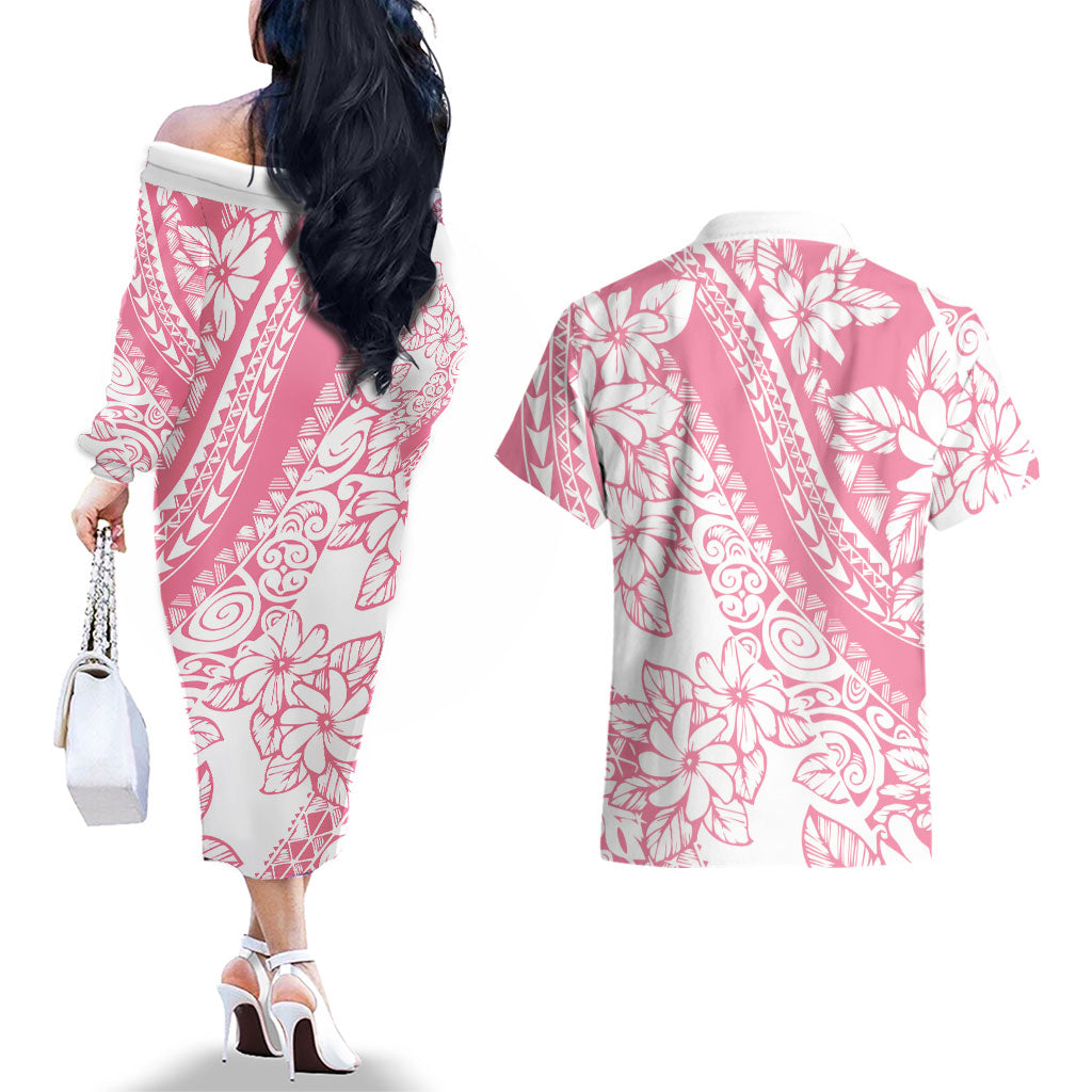 Polynesian Tiare Flower Pink Pastel Vibes Couples Matching Off The Shoulder Long Sleeve Dress and Hawaiian Shirt