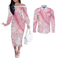 Polynesian Tiare Flower Pink Pastel Vibes Couples Matching Off The Shoulder Long Sleeve Dress and Long Sleeve Button Shirt