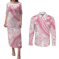 Polynesian Tiare Flower Pink Pastel Vibes Couples Matching Puletasi and Long Sleeve Button Shirt