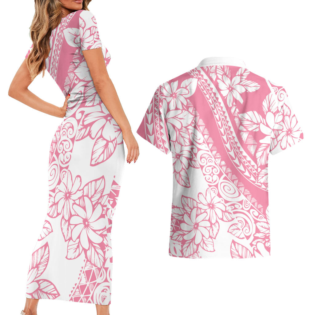 Polynesian Tiare Flower Pink Pastel Vibes Couples Matching Short Sleeve Bodycon Dress and Hawaiian Shirt