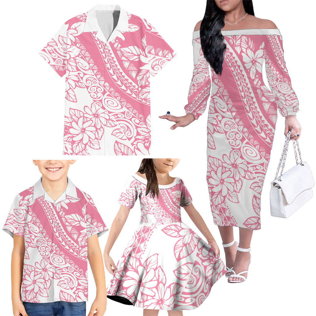 Polynesian Tiare Flower Pink Pastel Vibes Family Matching Off The Shoulder Long Sleeve Dress and Hawaiian Shirt
