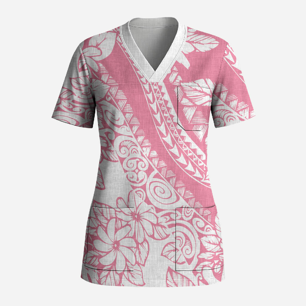 Polynesian Tiare Flower Pink Pastel Vibes Scrub Top LT14 Adult Pink - Polynesian Pride