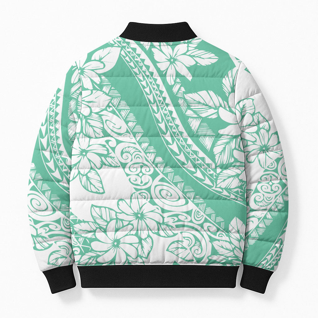 Polynesian Tiare Flower Cyan Pastel Vibes Bomber Puffer Jacket