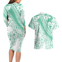 Polynesian Tiare Flower Cyan Pastel Vibes Couples Matching Long Sleeve Bodycon Dress and Hawaiian Shirt