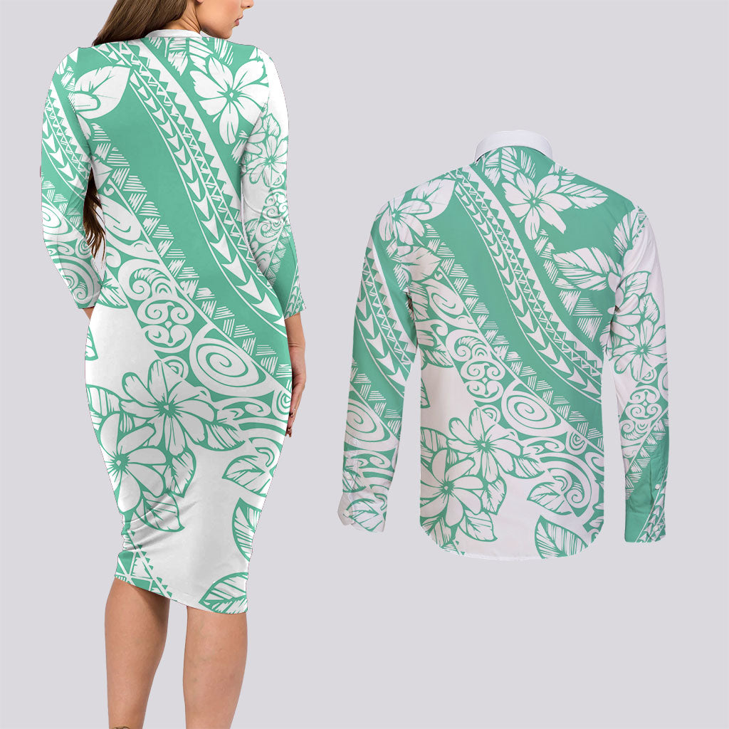 Polynesian Tiare Flower Cyan Pastel Vibes Couples Matching Long Sleeve Bodycon Dress and Long Sleeve Button Shirt