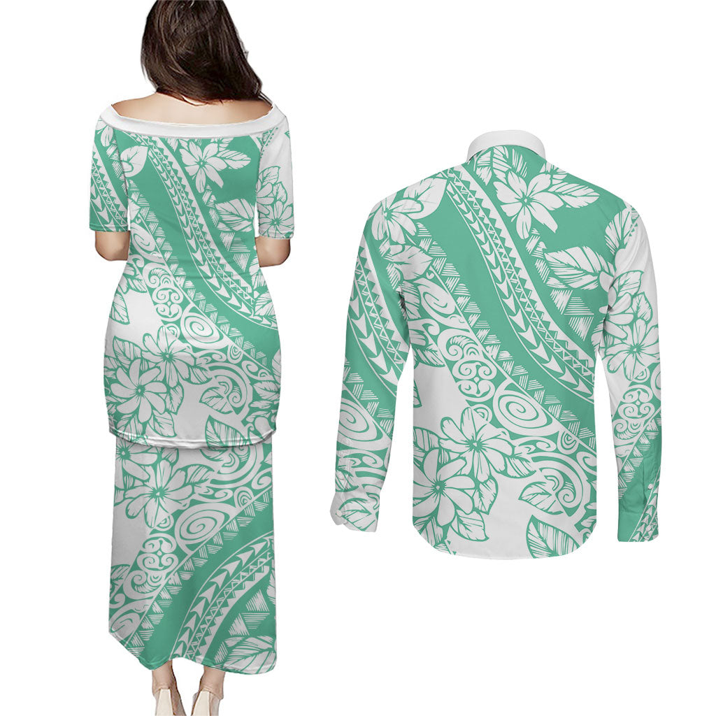 Polynesian Tiare Flower Cyan Pastel Vibes Couples Matching Puletasi and Long Sleeve Button Shirt