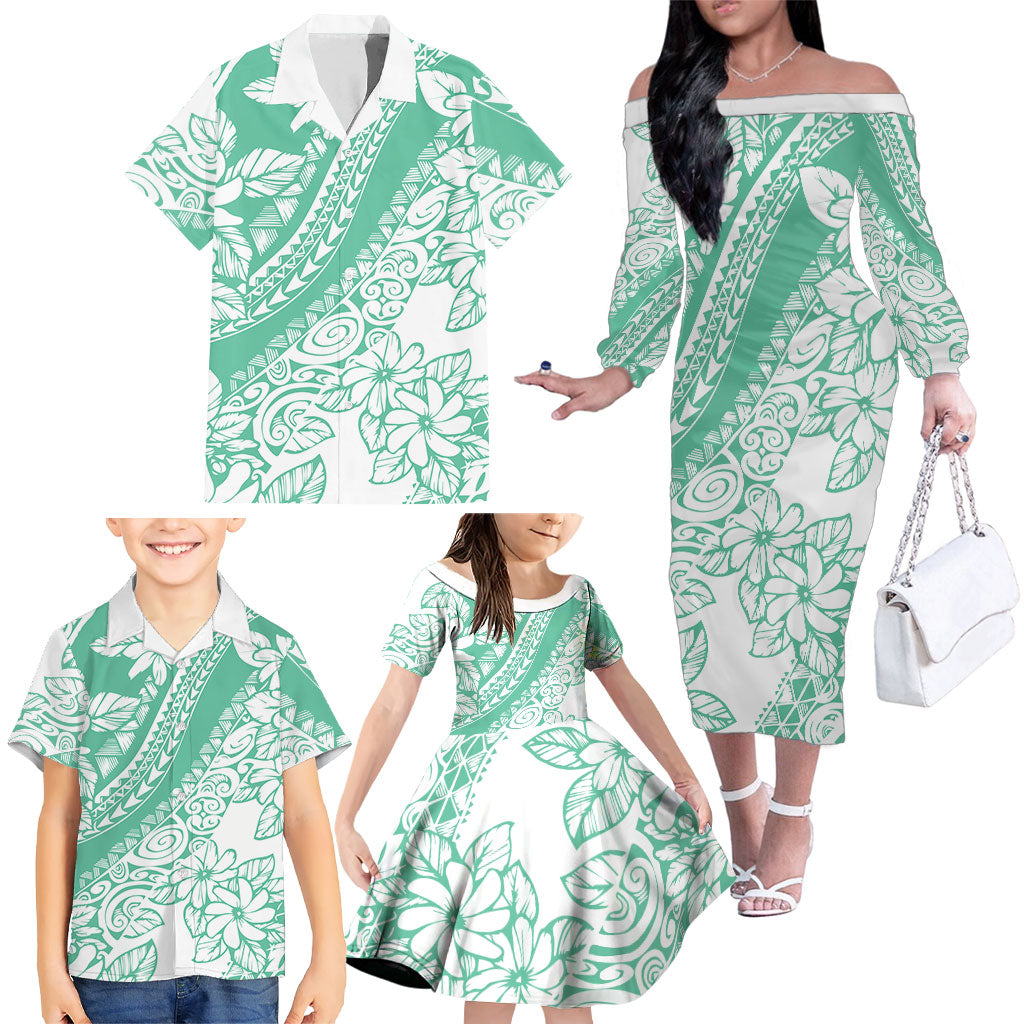 Polynesian Tiare Flower Cyan Pastel Vibes Family Matching Off The Shoulder Long Sleeve Dress and Hawaiian Shirt