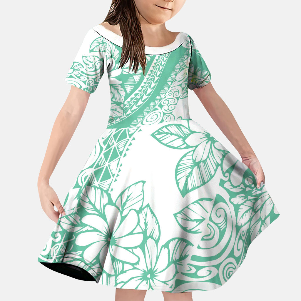 Polynesian Tiare Flower Cyan Pastel Vibes Family Matching Puletasi and Hawaiian Shirt
