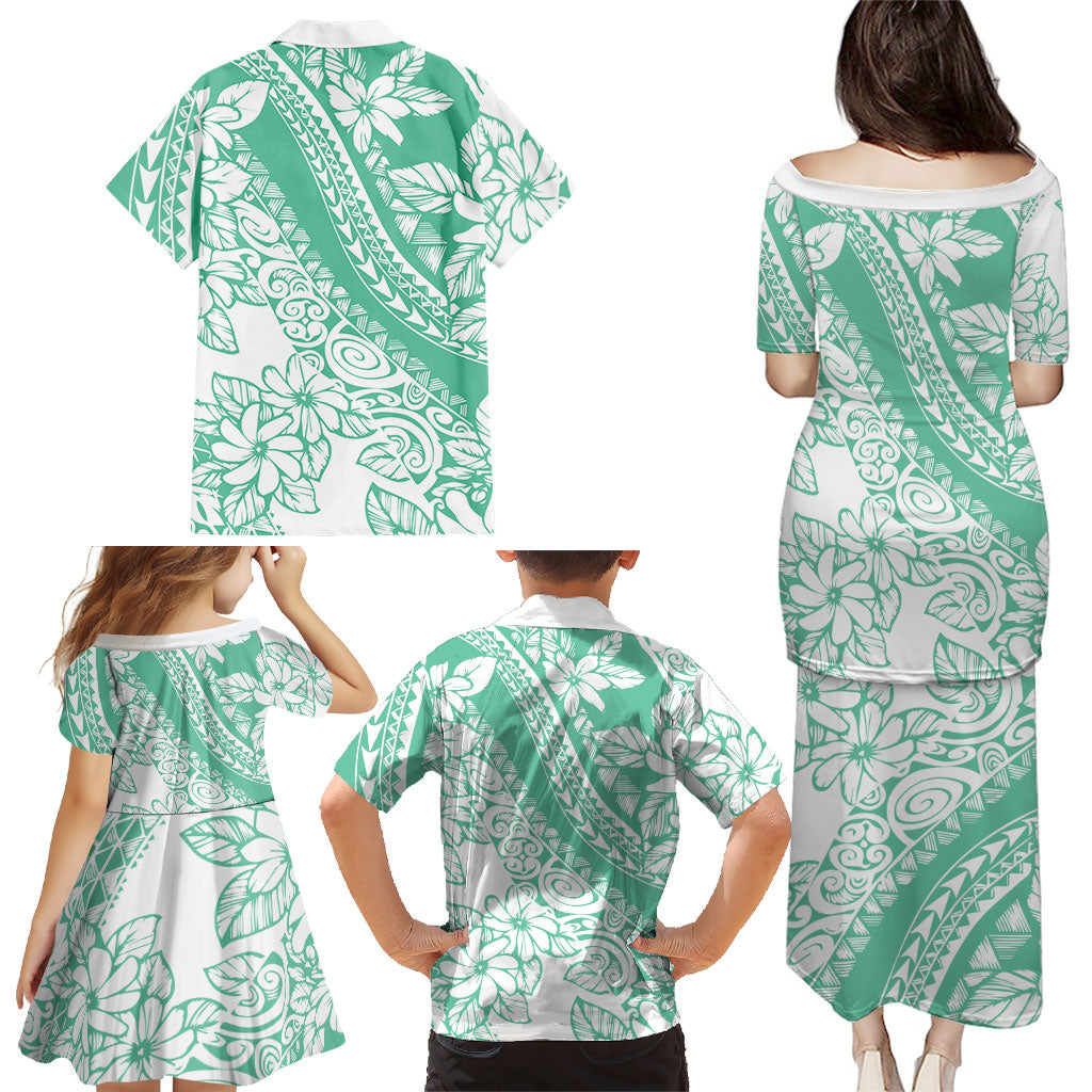 Polynesian Tiare Flower Cyan Pastel Vibes Family Matching Puletasi and Hawaiian Shirt