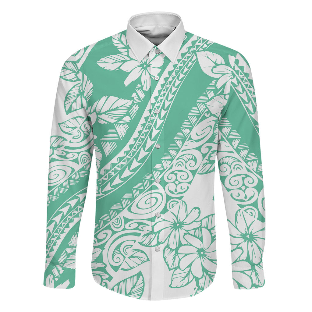 Polynesian Tiare Flower Cyan Pastel Vibes Family Matching Puletasi and Hawaiian Shirt