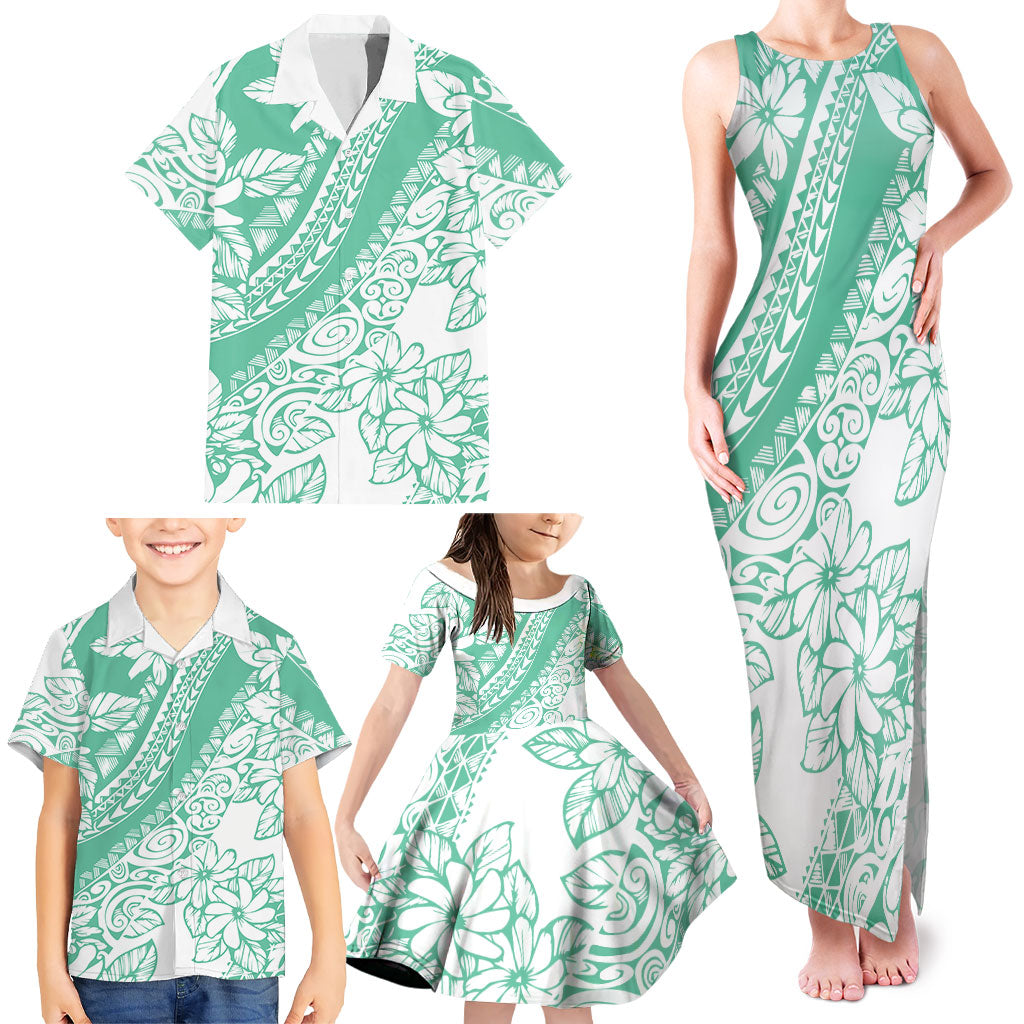 Polynesian Tiare Flower Cyan Pastel Vibes Family Matching Tank Maxi Dress and Hawaiian Shirt