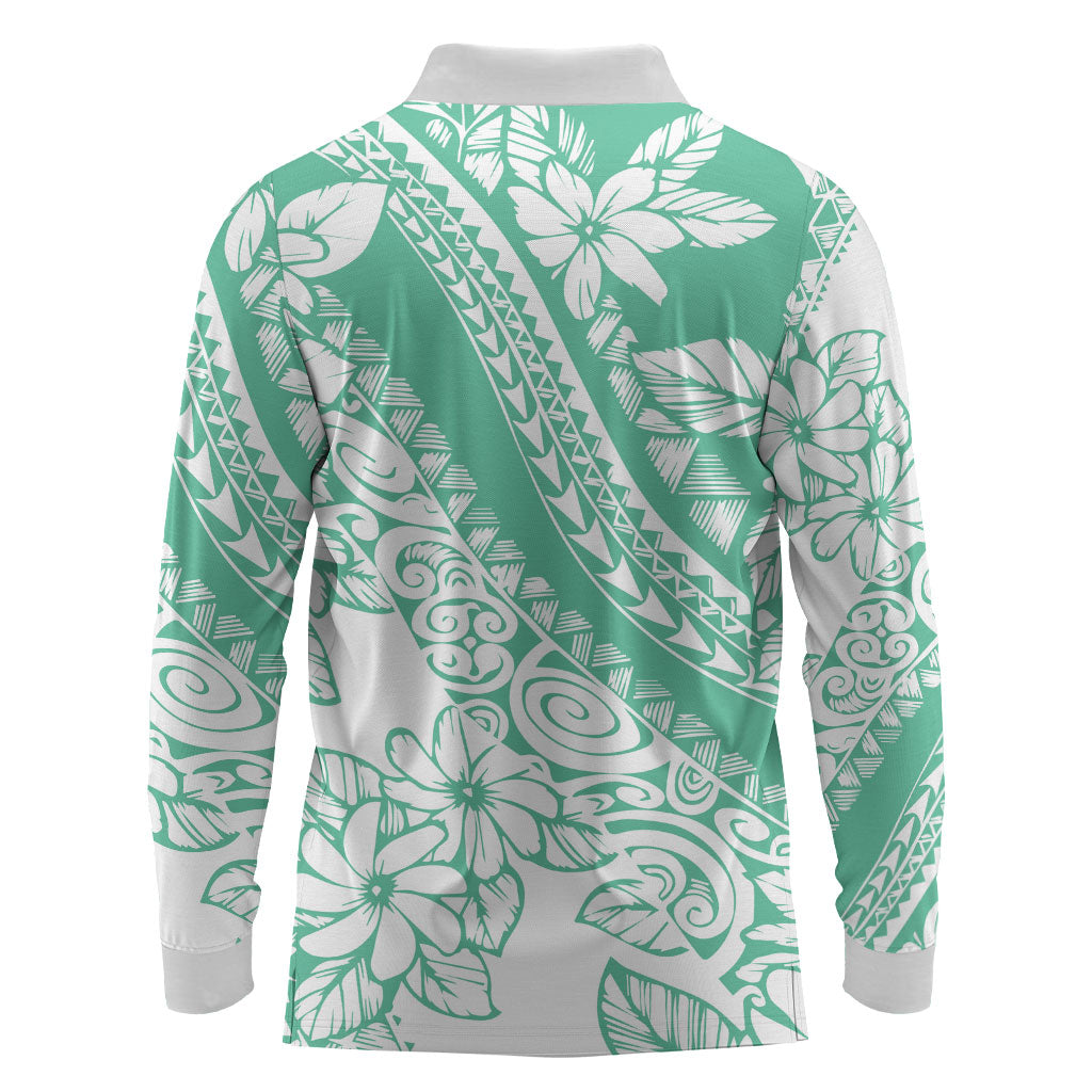 Polynesian Tiare Flower Cyan Pastel Vibes Long Sleeve Polo Shirt