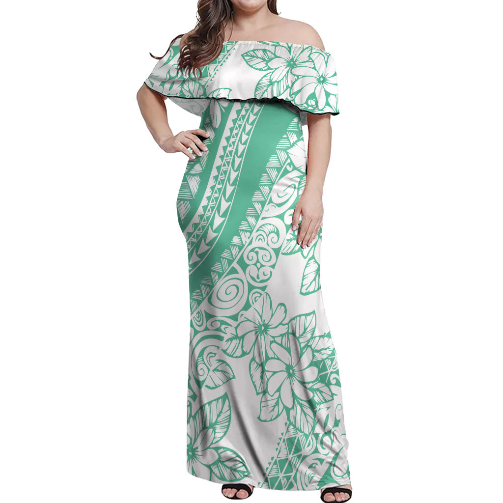 Polynesian Tiare Flower Cyan Pastel Vibes Off Shoulder Maxi Dress