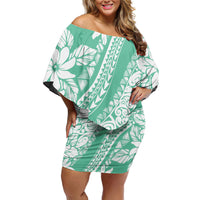 Polynesian Tiare Flower Cyan Pastel Vibes Off Shoulder Short Dress