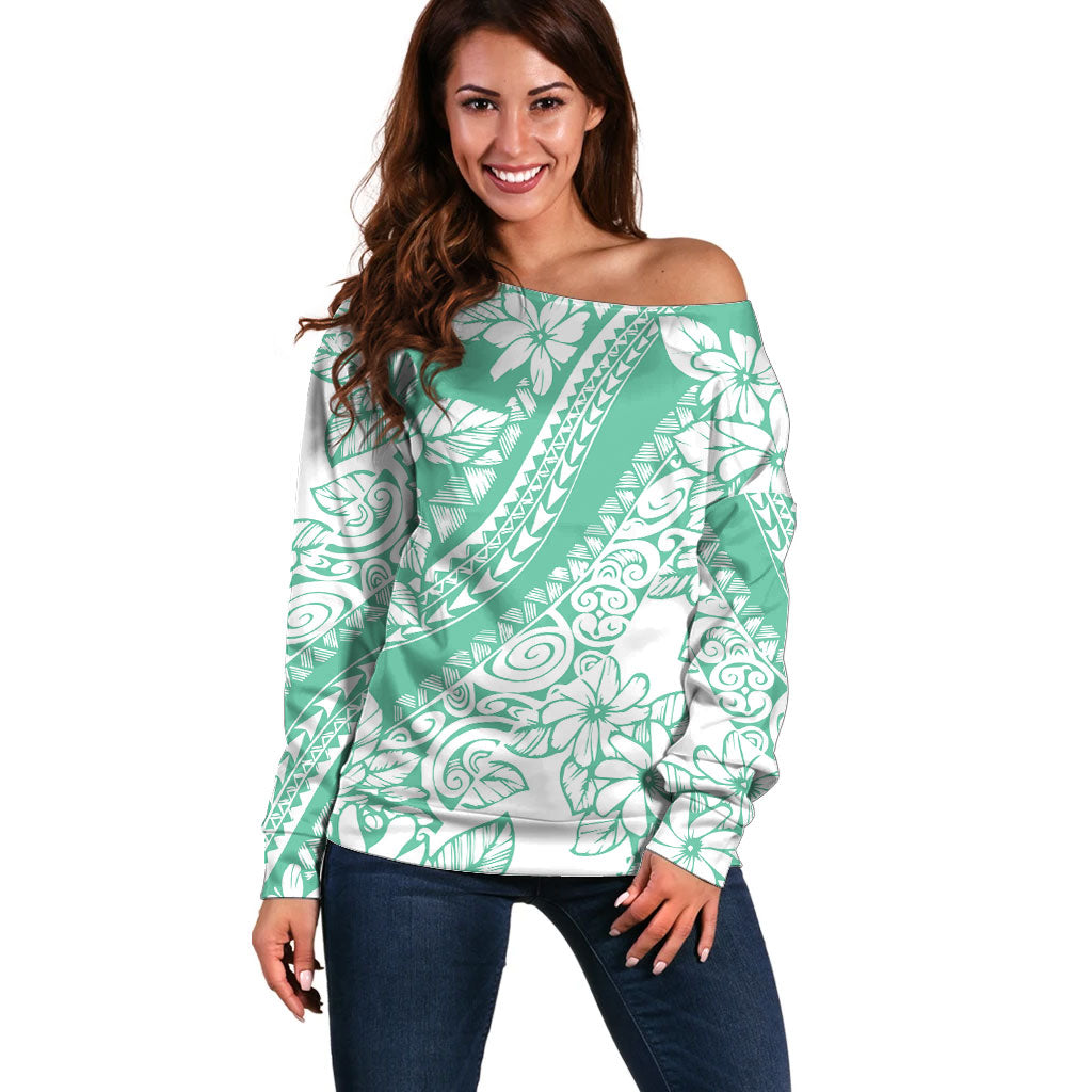 Polynesian Tiare Flower Cyan Pastel Vibes Off Shoulder Sweater LT14 Women Cyan - Polynesian Pride
