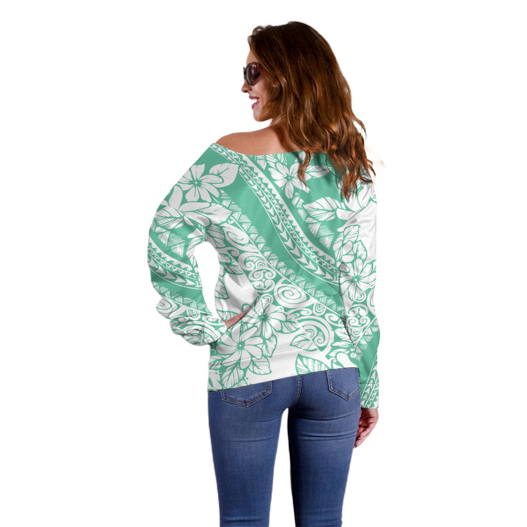 Polynesian Tiare Flower Cyan Pastel Vibes Off Shoulder Sweater LT14 - Polynesian Pride