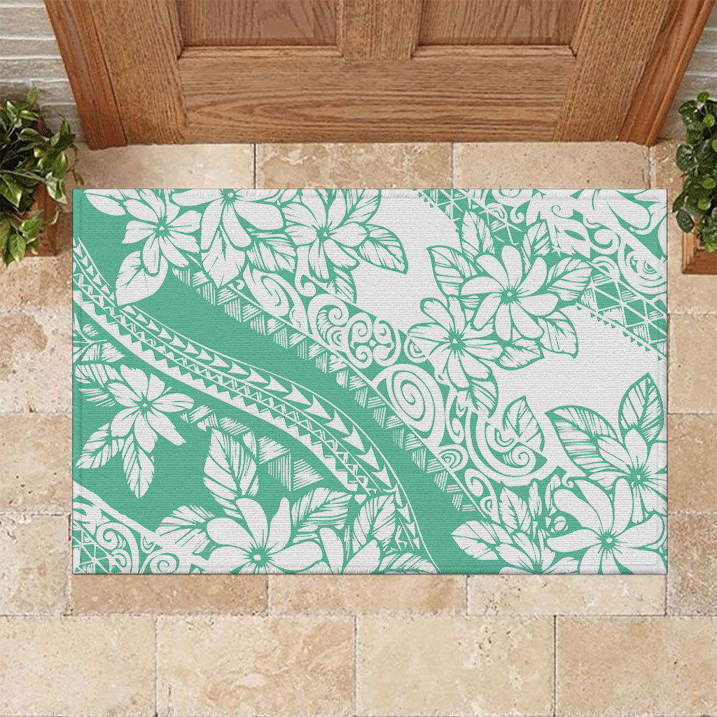Polynesian Tiare Flower Cyan Pastel Vibes Rubber Doormat